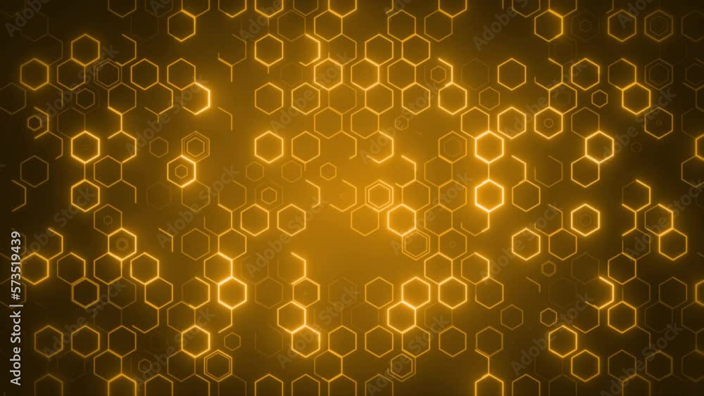 Poster glowing yellow hexagonal animation background, abstract hexagonal geometric animated bg, honeycomb, 
