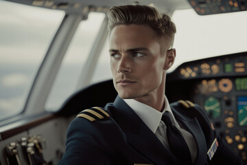 commercial pilot | In the cockpit of a modern commercial airliner, a dashing pilot sits in his seat, wearing modern uniform, with a crisp white shirt, navy blue suit jacket. Ai