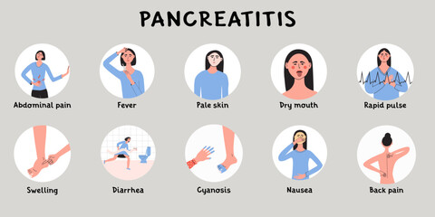 Young woman with pancreatitis symptoms and early signs. Female with diarrhea, nausea, vomiting. Infografic with patient character. Problem with digestive system Flat vector medical illustration