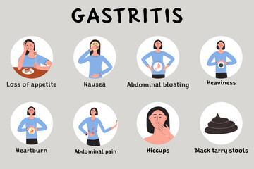 Young woman with gastritis symptoms and early signs. Female with diarrhea, nausea, vomiting. Infografic with patient character. Problem with digestive system Flat vector medical illustration