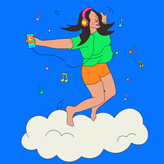 Girl jumping on a cloud listening to music