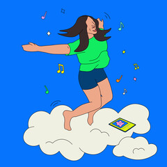 Girl jumping on a cloud listening to music on headphones