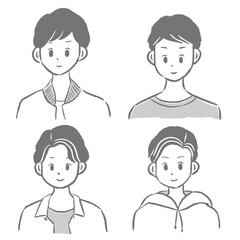 Smiling young men icon upper body cute hand drawn illustration set monochrome / 笑顔の若い男性たち アイコン 上半身 かわいい手描きのイラストセット モノクロ