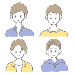 Smiling young men icon upper body cute hand drawn illustration set / 笑顔の若い男性たち アイコン 上半身 かわいい手描きのイラストセット