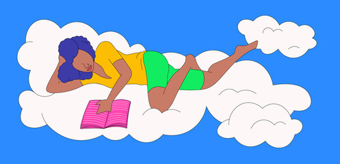 Girl with curly hair reading a book on a cloud