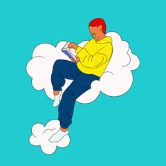 Girl with short hair reading a book on a cloud