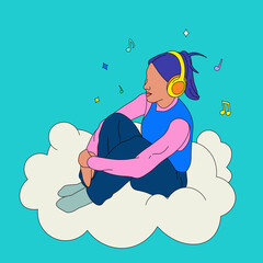 Girl with straight hair listening to music with headphones on a cloud