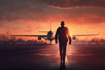 Against the backdrop of a beautiful sunset, a commercial pilot strides purposefully across the tarmac towards his waiting plane. Ai