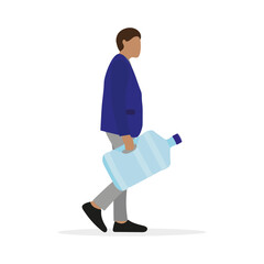 A man with a large bottle of water stands on a white background