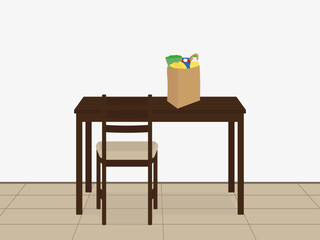 Paper bag with groceries standing on the table indoors