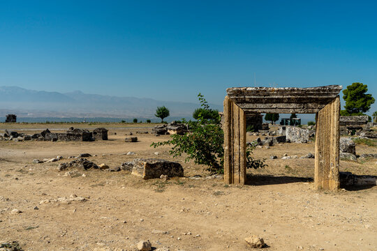 Northern Necropolis of Hierapolis near Pamukkale, Denizli. Old grave monuments, tumulus graves. Copy space for text. 
