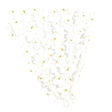 Cold and silver confetti and ribbon falling on transparent background. Vector illustration.
