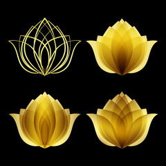 Golden lotus logo set. Design flower symbol. Floral emblem template of spa, cosmetics or beauty salon. Jpeg - obrazy, fototapety, plakaty