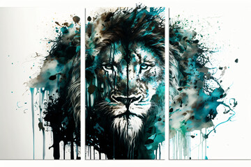 Triptych lion portrait. Modern art. Generative ai.  - obrazy, fototapety, plakaty