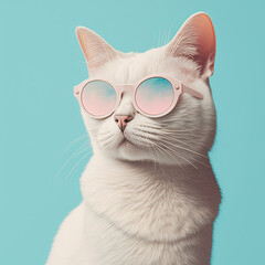 Fashion cat in sunglasses, blue background. Generative AI - obrazy, fototapety, plakaty
