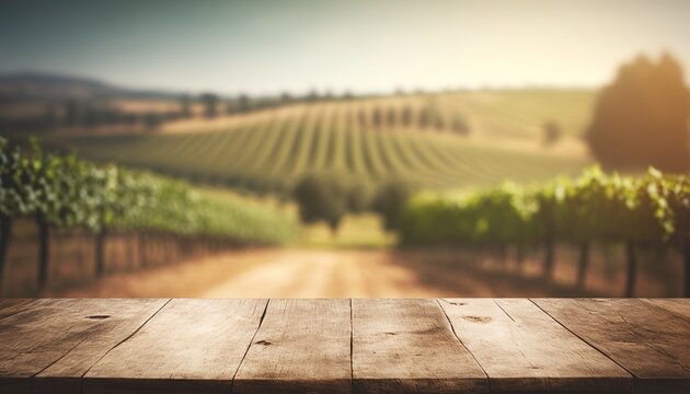 Empty old wooden table with vineyard blurred background. Generative AI image