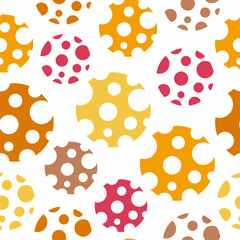 Dots and circles. Abstract shapes. Orange, yellow, pink, red, brown colors. Shapes like cartoon cheese. Wrapping paper, print, textile, fabric.