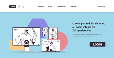 graduated students discussing during video call graduates celebrating academic diploma degree education concept