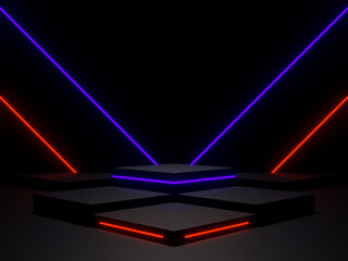 3D black geometric podium with white neon lights. scientific product mockup.