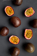 Fruit pattern of ripe fresh passion fruits, top view