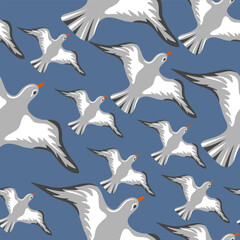 Seamless pattern with hand drawn flying seagulls. Seabirds. Concept of sea and ocean life. Modern print for fabric, textiles, wrapping paper. Vector illustration