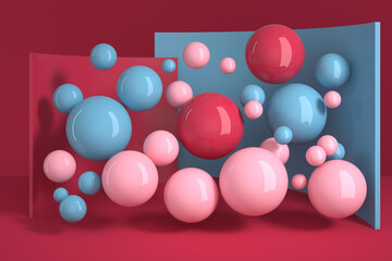 3D rendering glossy massy flying spheres