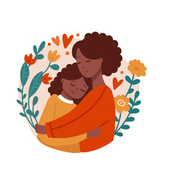 Mother's day. Afro American woman with girl child, flowers, twigs, hearts around. Mother holding her daughter. Motherhood, maternity leave, baby care, happy family, single mother concept. Flat vector