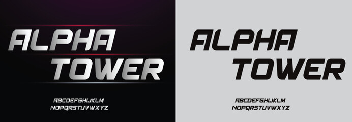 Alpha Tower, Modern Sport Fonts. Typeface Tech style fonts for technology, digital, movie, logo design. Alphabet Collections