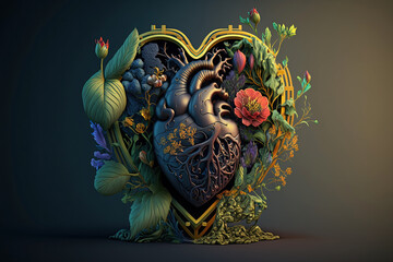anatomically shaped heart with flowers. concept of love. Generative AI