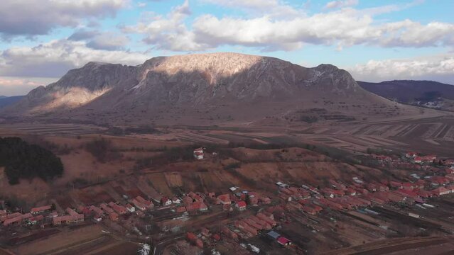 Trascau mountains, Rimetea and Coltesti villages seen from a drone, aerial view