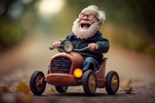 An cute smiling granny man drives a little pedal car - AI generative