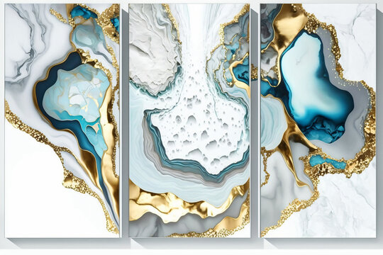 Abstract marble wallpaper for wall decor. White golden and blue color style. Generative ai.  