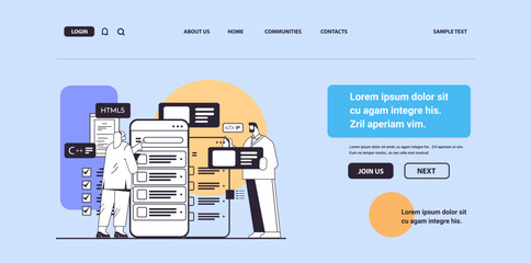web developers couple creating program code on smartphone screen development of software and programming