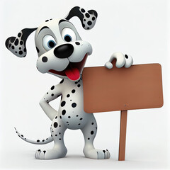 Funny standing Dalmatian cartoon character holding with his paws a blank sign. Generative AI. 