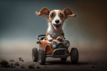 An cute little puppy Jack Russel terrier dog drives a little pedal car - AI generative - obrazy, fototapety, plakaty