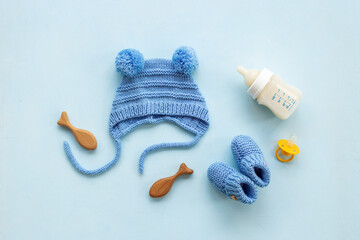 Baby newborn hat with kids toys and accessories, top view