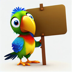 Funny standing Parrot cartoon character holding with his paws a blank sign. Generative AI. 