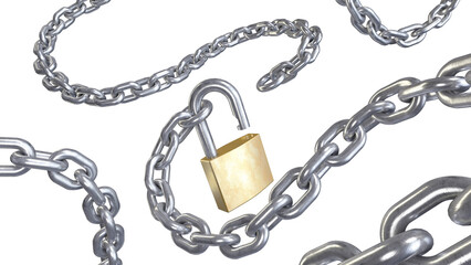 3d model of metallic steel chain with lock on white isolated background with glossy texture