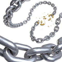 3d illustration of metal gold broken chain and gold link on isolated white background