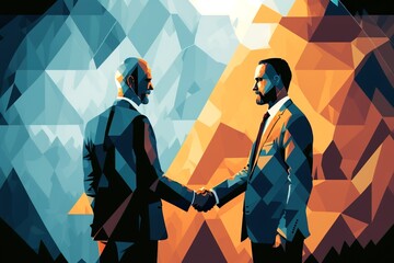 Businessmen shake hands after the successful completion of the deal. Creative poster in trendy low poly style. Generative AI illustration.