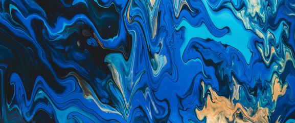 Fluorescent fluid art background in blue tints with gilding. Flowing ripple effect of liquid ink. Dark phantom blue with gold. Abstract texture of acrylic paints on canvas. Surreal blue color mixing.