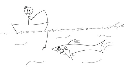 Vector cartoon stick figure drawing conceptual illustration of man fishing in fear or panic from dangerous sharks present in the deep sea.
