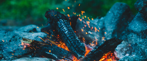 Vivid smoldered firewoods burned in fire closeup. Atmospheric background with orange flame of...