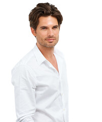 A masculine handsome young male model in a stylish trendy shirt posing to promote or advertise a fashionable men's clothing brand isolated on a PNG background.