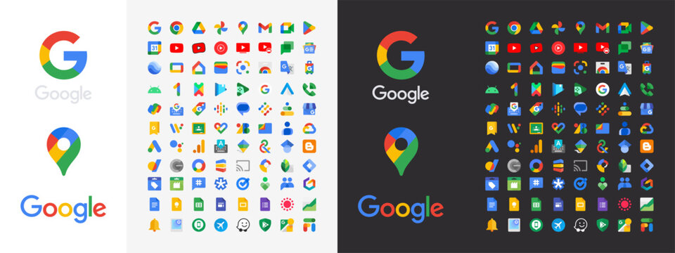 VINNITSA, UKRAINE - FEBRUARY 20, 2023: Google products and programs logos. Big collection of new Google product icons. Vector illustration