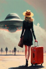 UFO passenger. A woman with a beautiful figure and a red suitcase is hurrying. Watercolor.