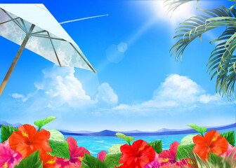 A beautiful beach with palm trees hibiscus flowers and white parasol