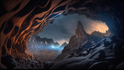sunset over the mountains from cave