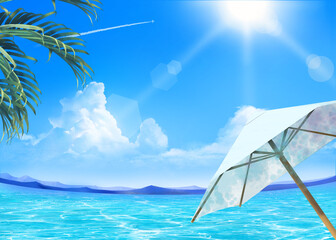 A beautiful beach with palm trees hibiscus flowers and white parasol © MerciArtworks