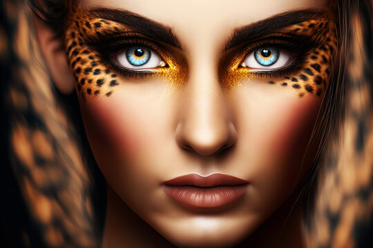 Beauty Fashion Model Girl with Holiday Leopard Makeup Golden Wild Cat Eyes Makeup Eyeshadow Beautiful Woman Face with Perfect Skin Animal Make Up - Post-processed Generative AI